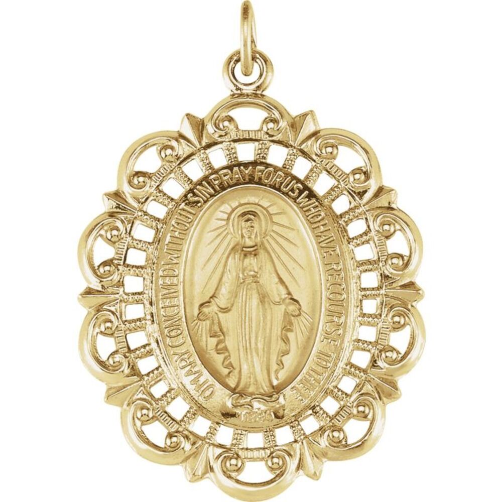 14k Yellow Gold Oval Filigree Miraculous Medal Pendant, 23 x 32mm